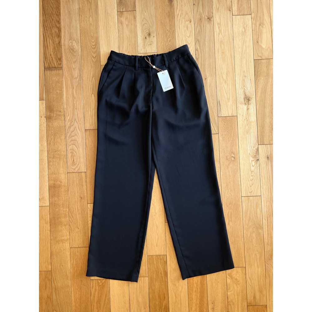 NEW Quince Stretch Crepe Pleated Wide Leg High Rise Trouser Pants Black Womens 8